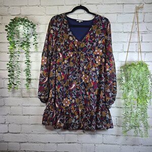 JODIFL NAVY WITH FLORAL AND PAISLEY PRINT, LINED, BISHOP SLEEVE VNECK RUFFLE SM